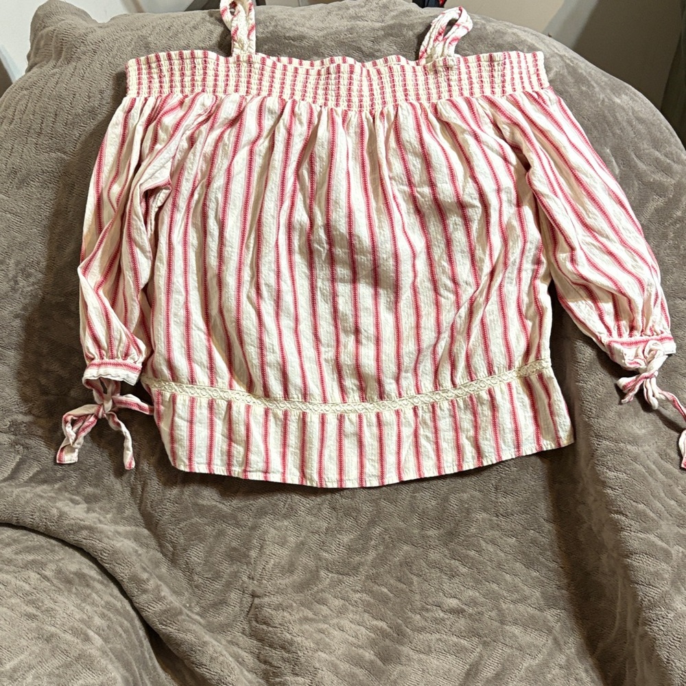 LC Lauren Conrad red and off White Striped Off-Shoulder Top